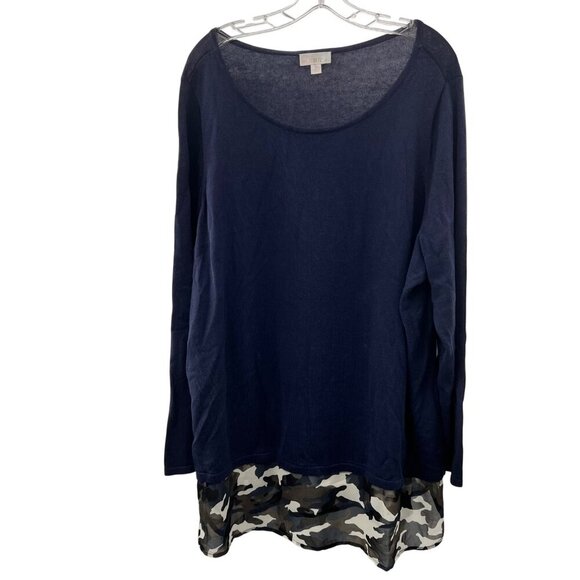Belle Kim Gravel Sweaters - Belle by Kim Gravel Pullover Sweater Mixed Media Long Sleeve Blue/Camo Size 2X
